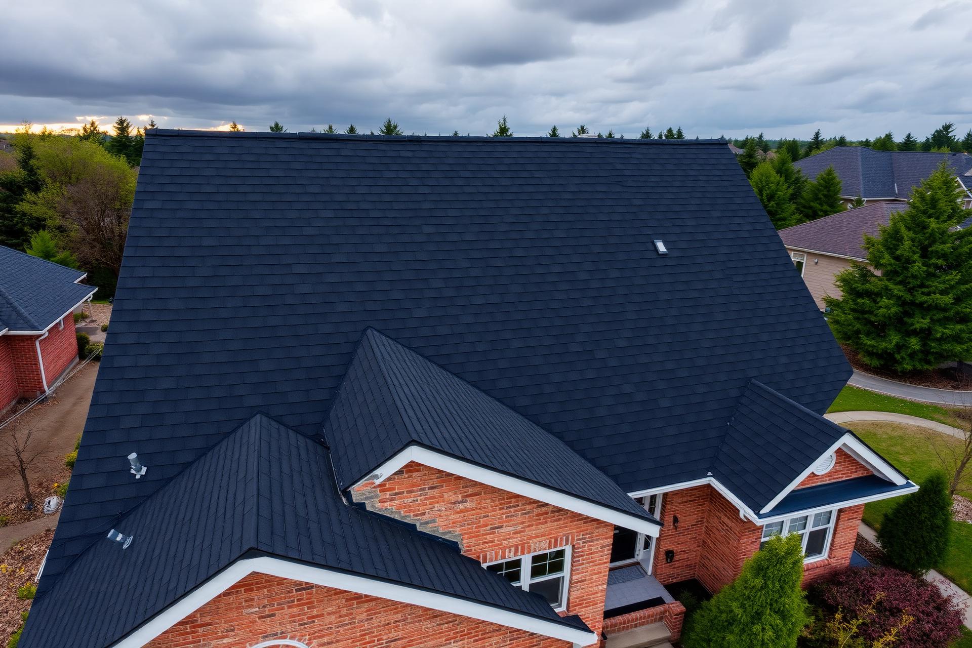 Aerial view of a freshly installed dark asphalt roof in Toronto